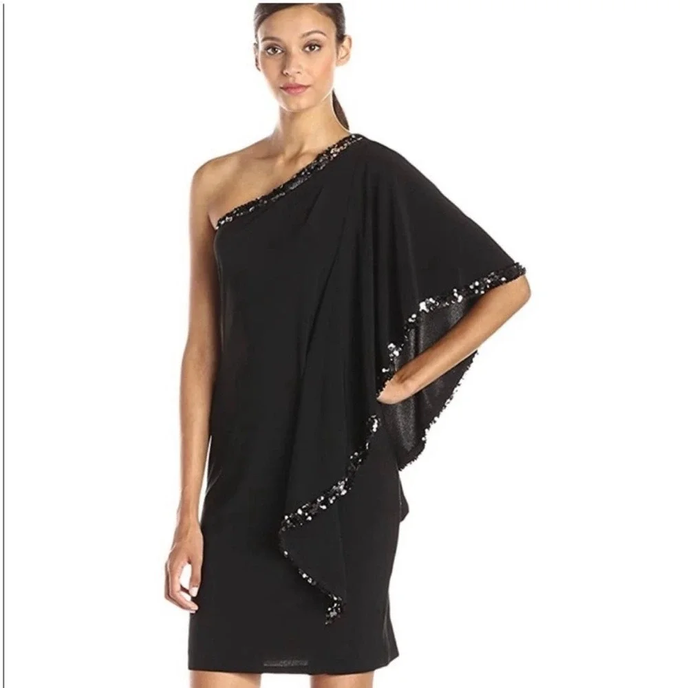 Betsy Adam Black One Shoulder Sequin Trim Formal Cocktail Dress Size‎ 12 Holiday